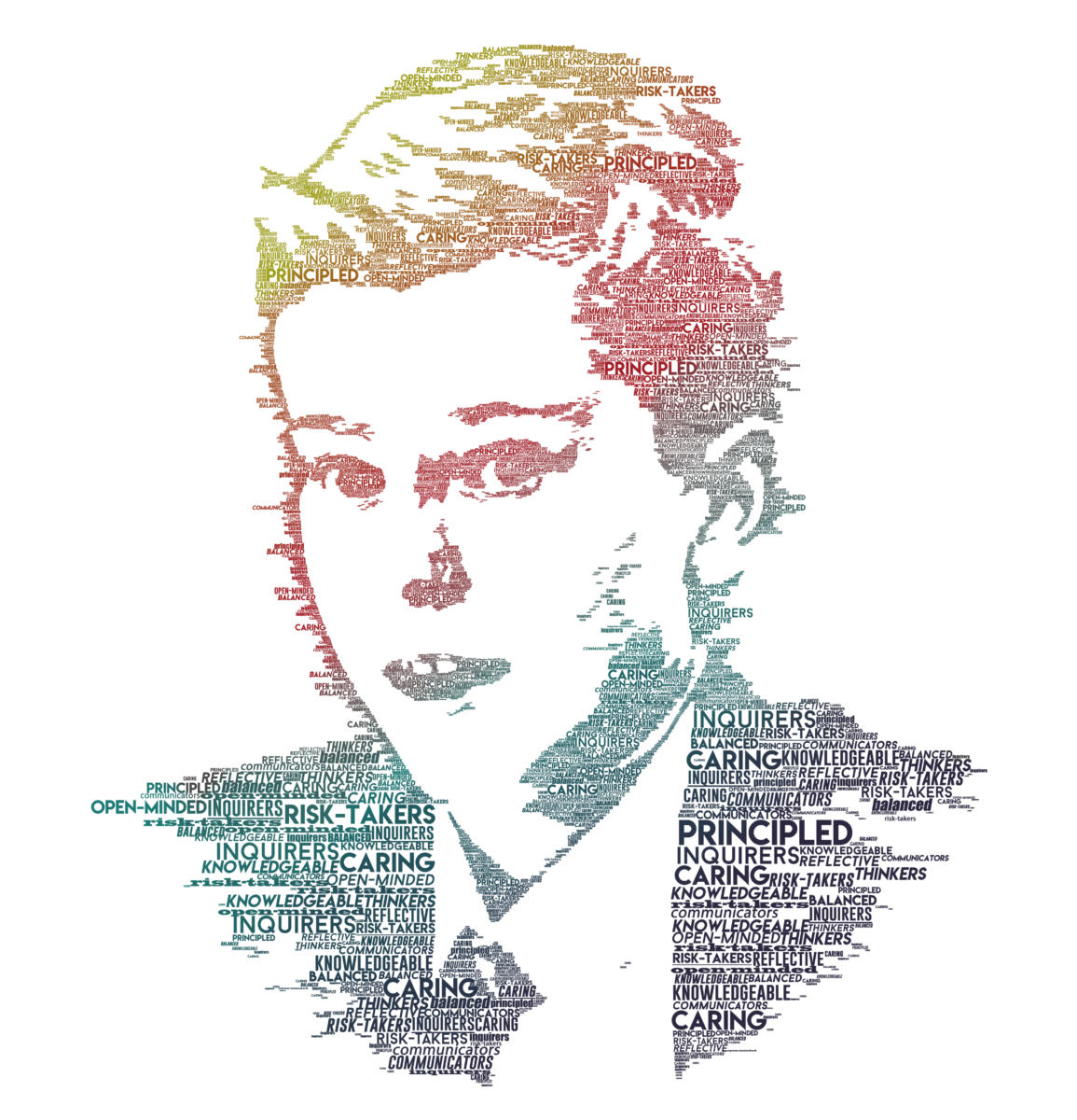 Word art image of a boy using the IIB and LAB attributes using a rainbow of colours