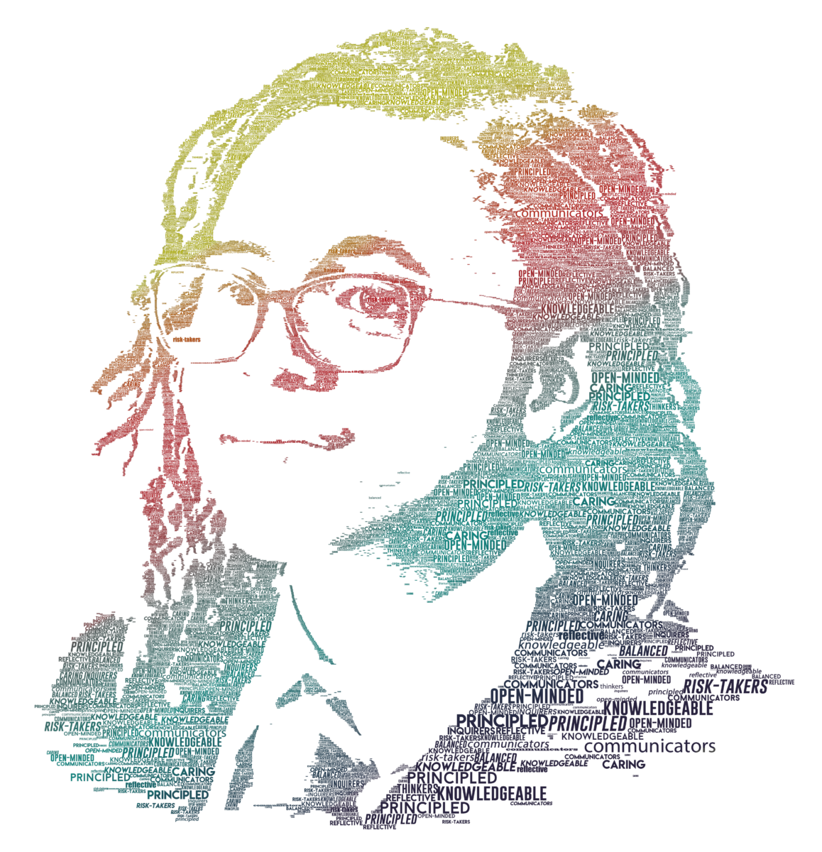 Word art image of a girl using the IIB and LAB attributes using a rainbow of colours