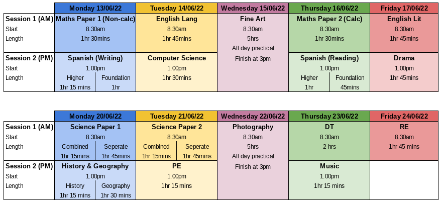 Year 10 Assessment timetable