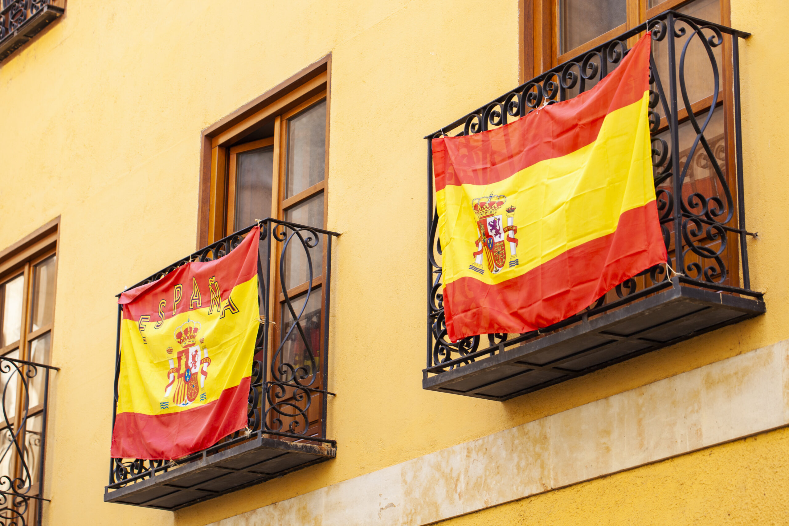 Spanish flags on a balcony in Salamanca, Spain