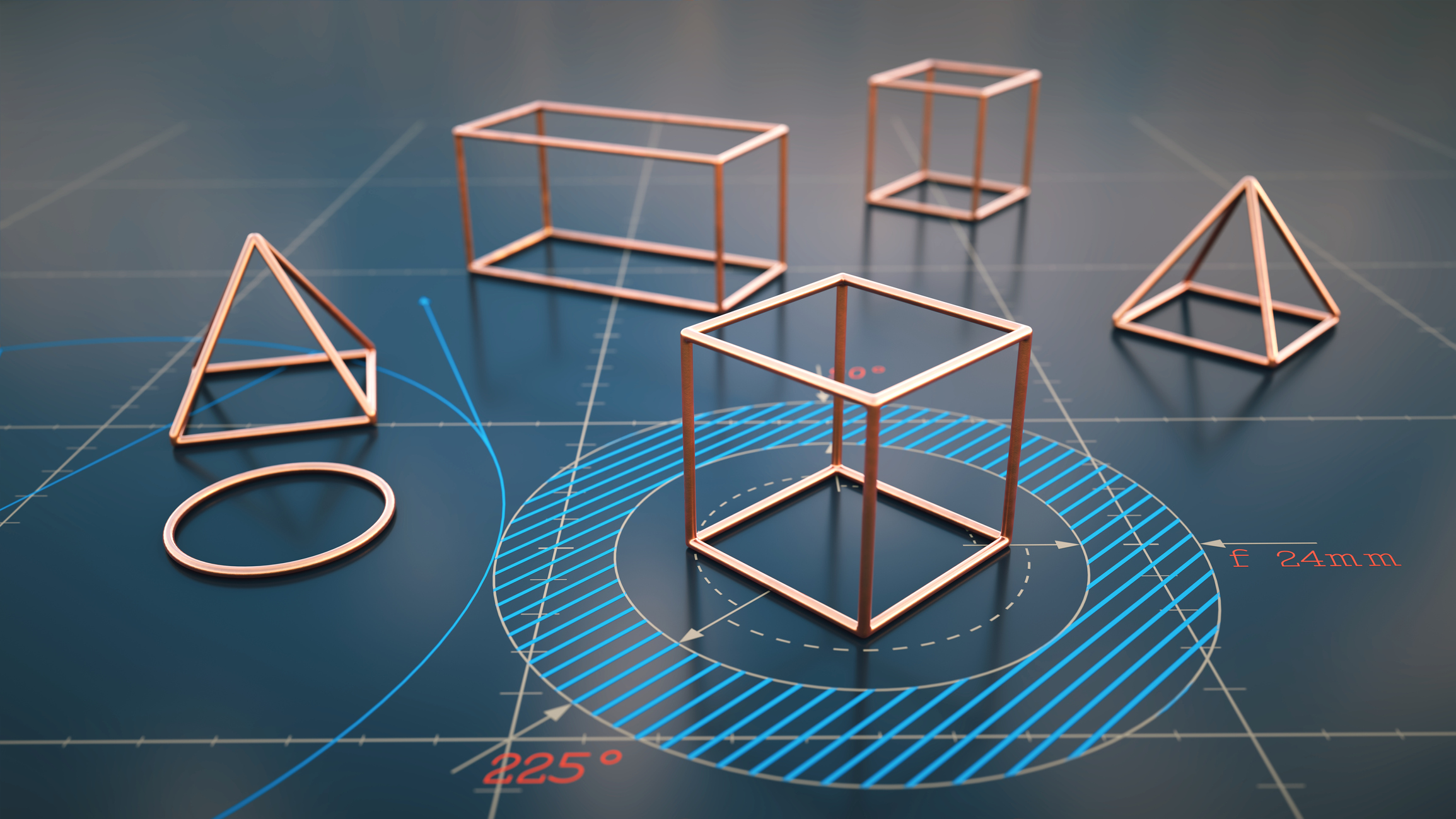 Various geometric shape models laying on a shiny surface with coordinate blueprints, low-angle close-up composition