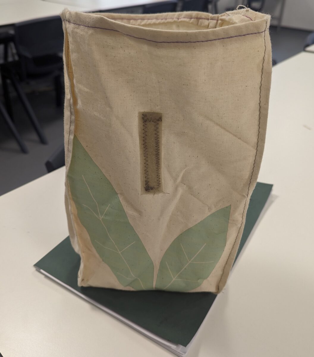 DT Year 8 Students Lunch Bag - a brown canvas bag with a green leaf and velcro sewed on