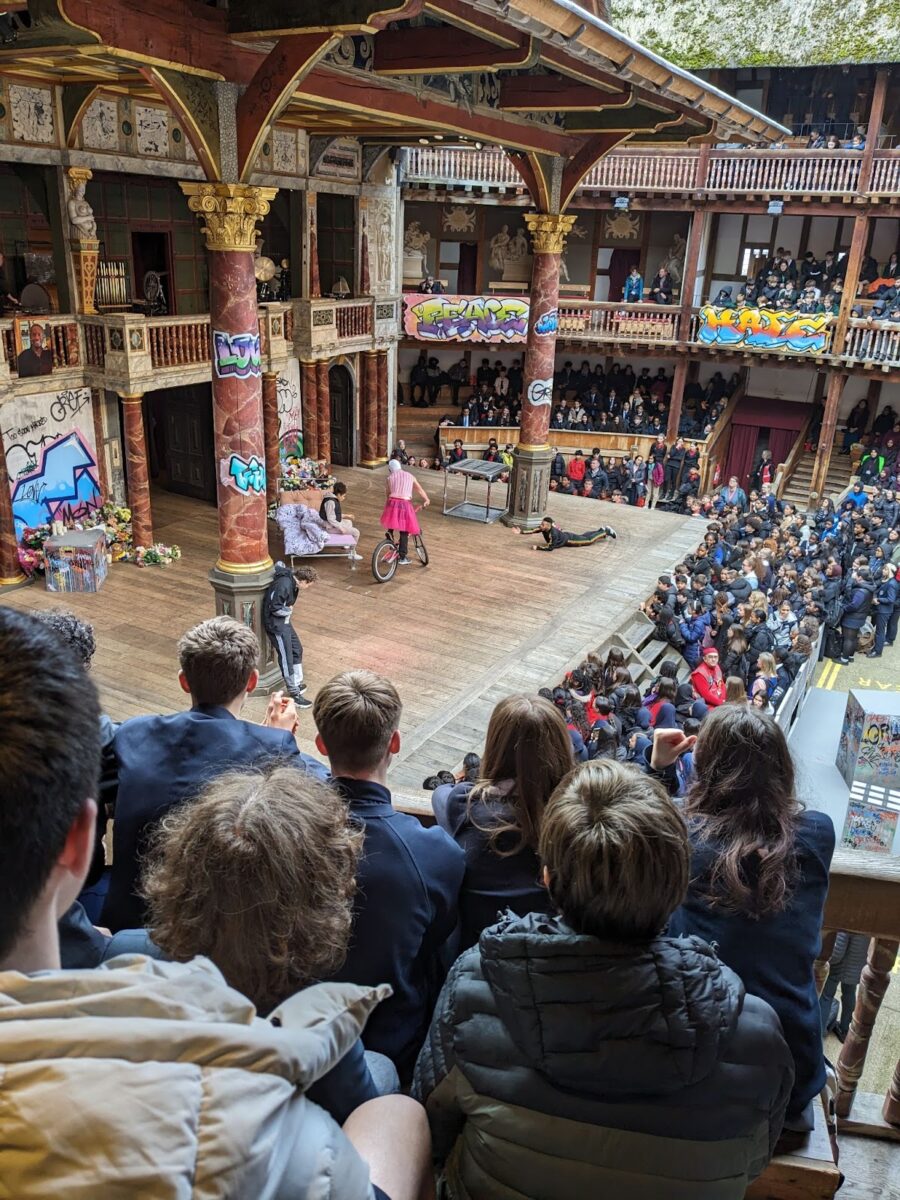 LAB students pictured at The Globe Theatre in London on a school trip, watching a performance of 'Romeo & Juliet'.